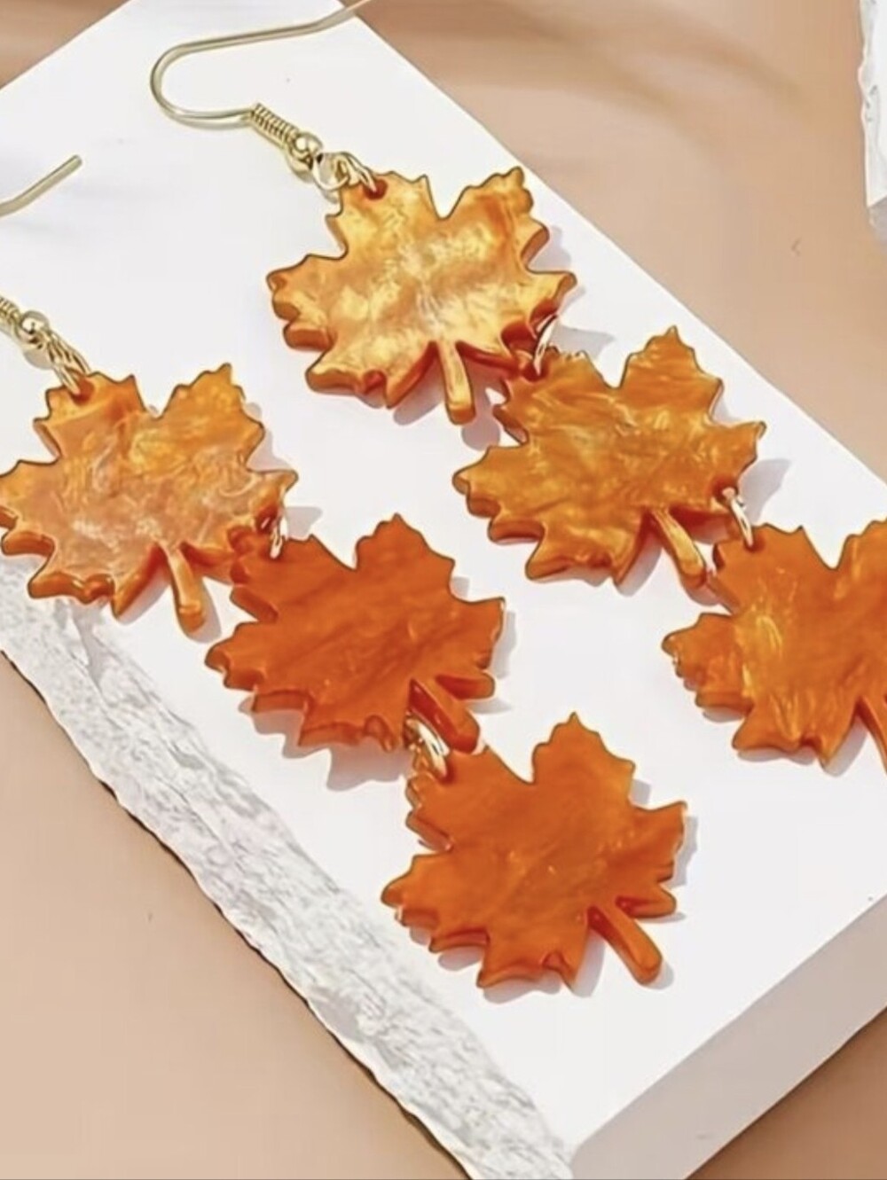 Maple Leaf Dangle Earrings — Orange Resin Fall Accessory